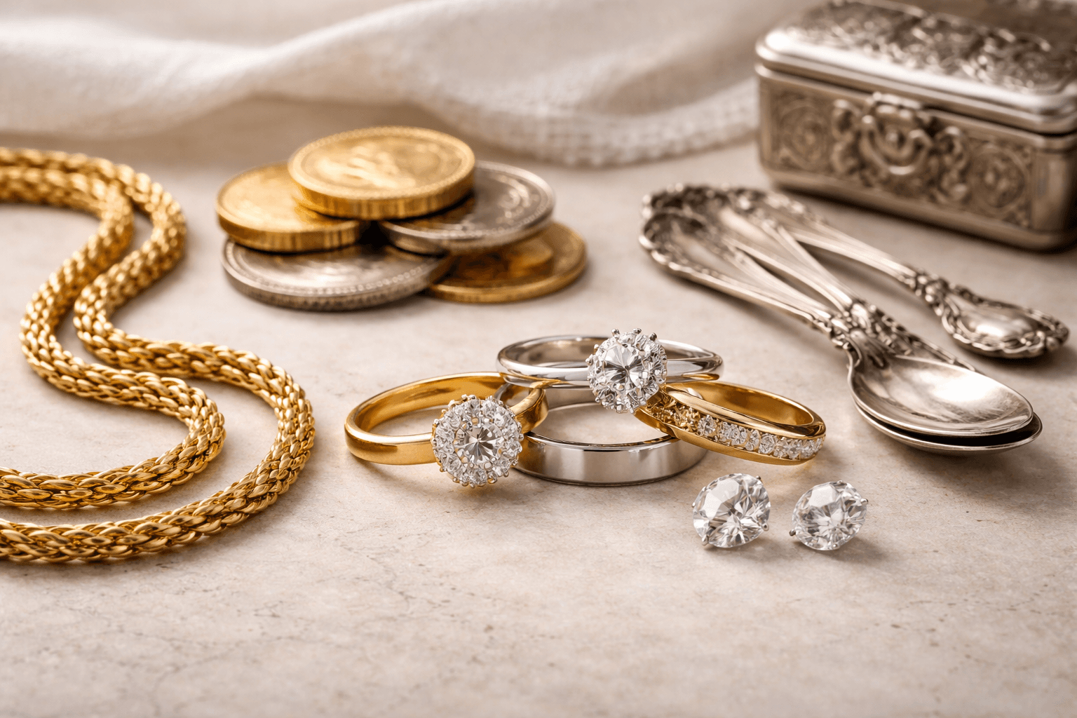 Gold, Silber, Diamanten und weitere Wertgegenstände in heller hochwertiger Darstellung