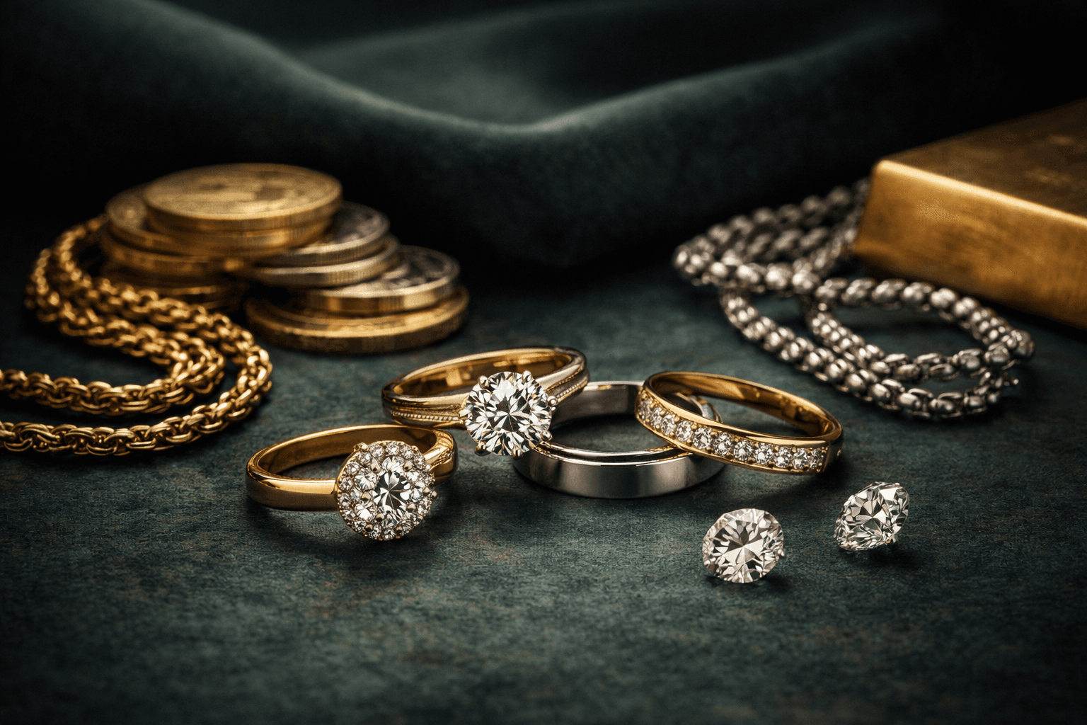 Gold, Silber, Diamanten und weitere Wertgegenstände in hochwertiger Darstellung